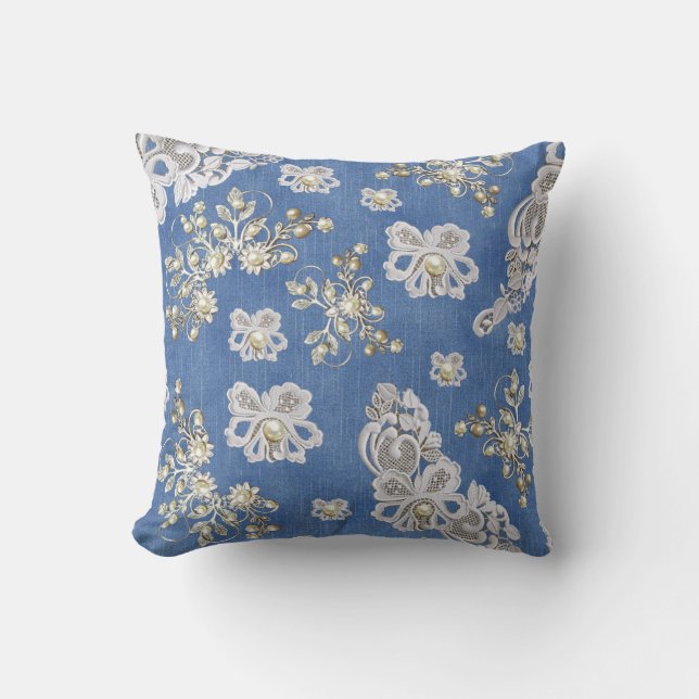 Denim- Lace-Ivory Pearls Repeat Cushion (Front)