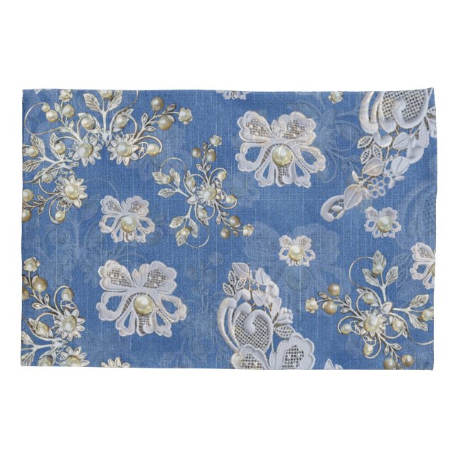 Denim - Lace Ivory Pearls Repeat Pattern Pillowcase (Back)