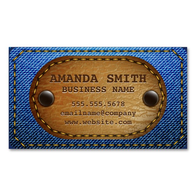 Denim Leather Stitched Background Magnetic Business Card (Front)