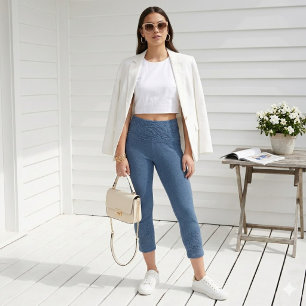 Denim-Look Floral Border Capri Leggings