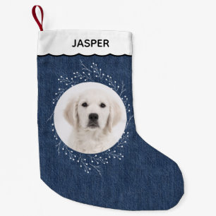 Denim Look Winter Wreath Pet Dog Photo Small Christmas Stocking