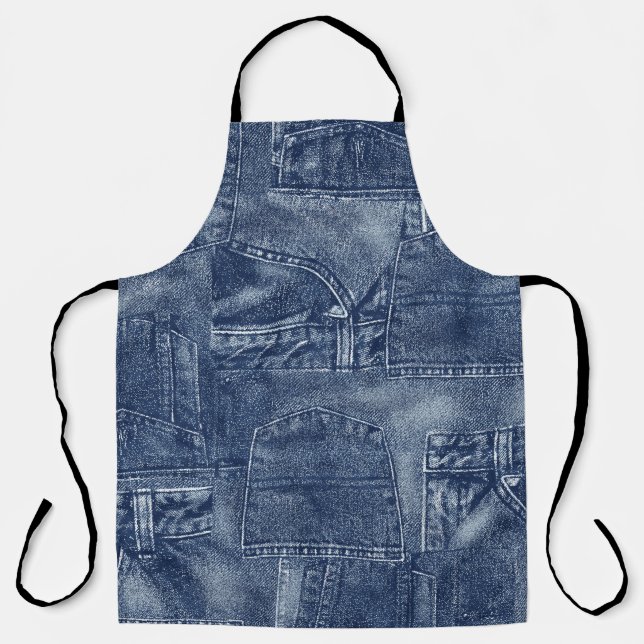 Denim material in a patchwork pocket pattern. apron (Front)