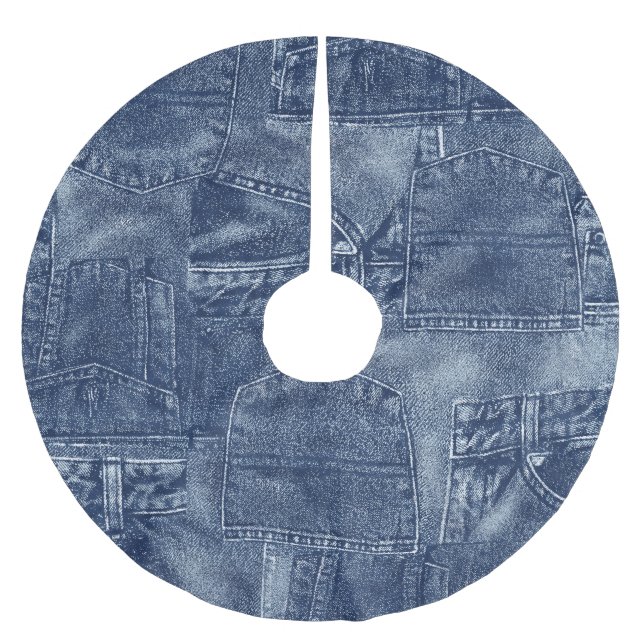 Denim material in a patchwork pocket pattern. brushed polyester tree skirt (Front)