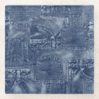 Denim material in a patchwork pocket pattern. glass coaster