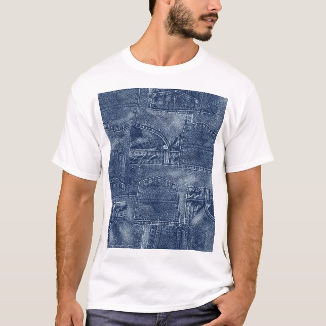 Denim material in a patchwork pocket pattern. T-Shirt (Front)