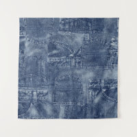 Denim material in a patchwork pocket pattern.