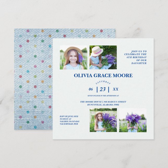 Denim Multicolored Polka Dots Children Birthday Invitation (Front/Back)