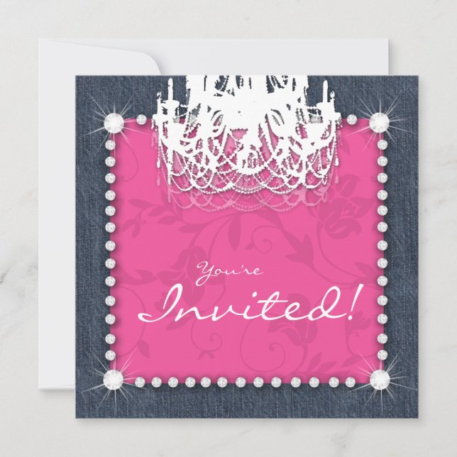 Denim n Diamonds Wedding Chandelier Floral Pink Invitation (Front)