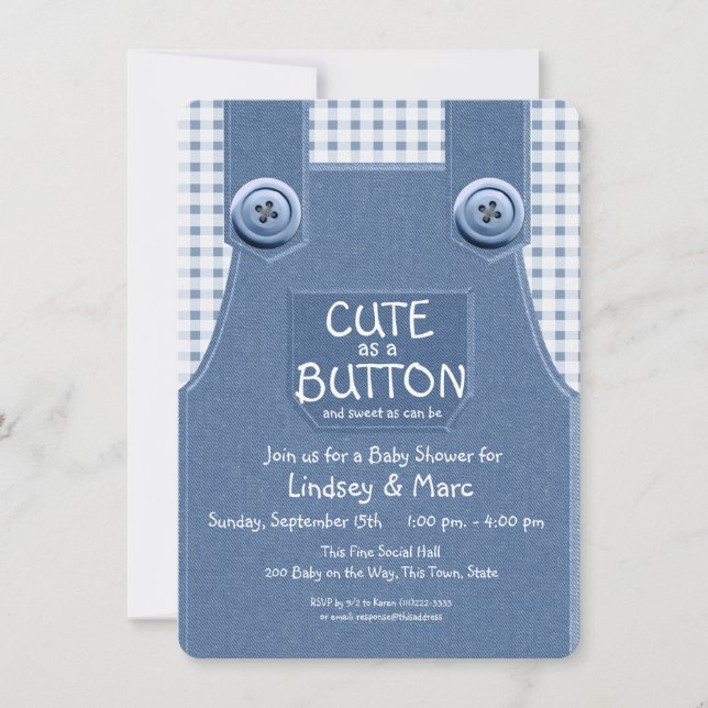Denim Overalls Cute as a Button Blue Invitation (Front)