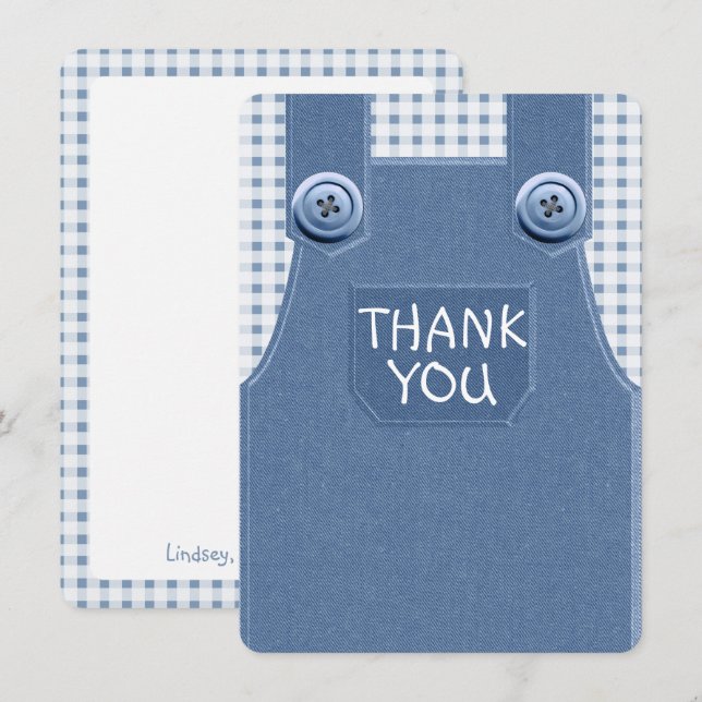 Denim Overalls Cute as a Button Thank You Card (Front/Back)