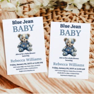 Denim Patchwork Bear Boy Blue Jean Baby Shower Invitation