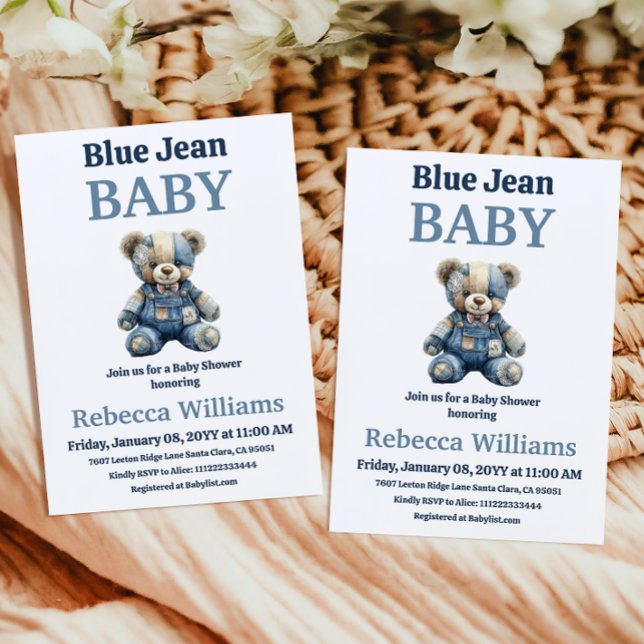Denim Patchwork Bear Boy Blue Jean Baby Shower Invitation (Creator Uploaded)