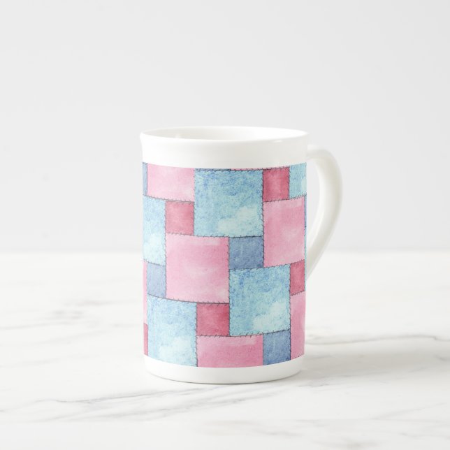 Denim Patchwork Bone China Mug, Pinks, Blues Mug (Front Right)