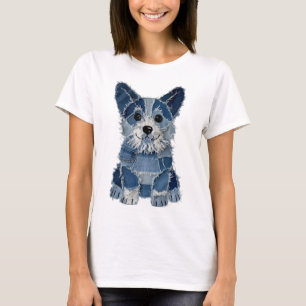 Denim Patchwork Corgi Dog T-Shirt