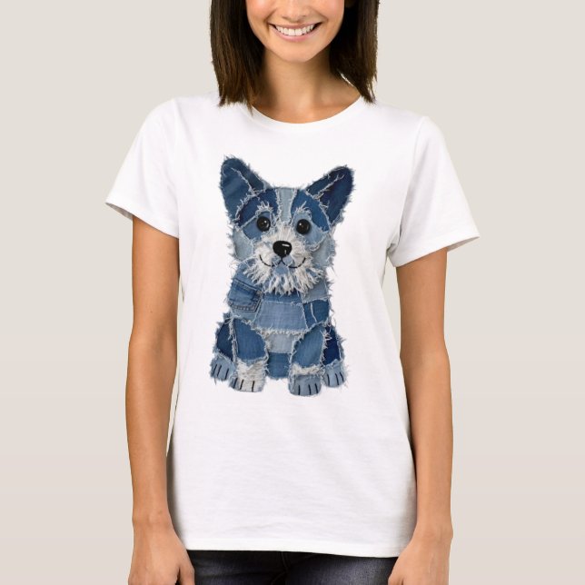Denim Patchwork Corgi Dog T-Shirt (Front)