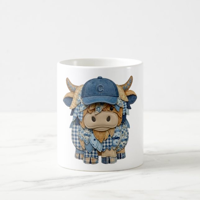Denim Patchwork Highland Cow Coffee Mug (Center)