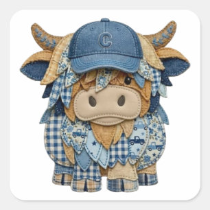 Denim Patchwork Highland Cow Square Sticker