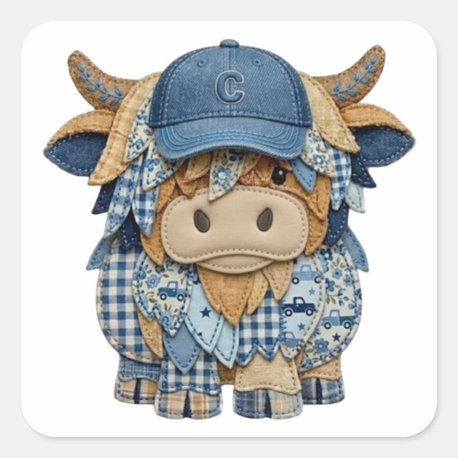Denim Patchwork Highland Cow Square Sticker (Front)