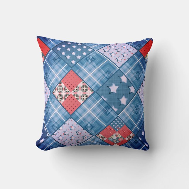 Denim patchwork, patchwork, textile, blue pattern cushion (Front)