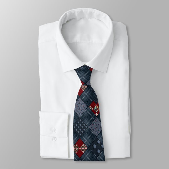 Denim patchwork, patchwork, textile, blue pattern  tie (Tied)