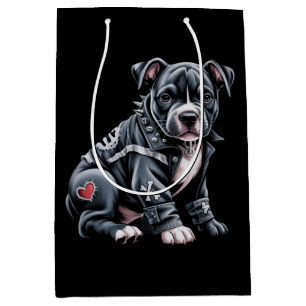 Denim Patchwork Pitbull Dog Edgy Rocker Gothic Medium Gift Bag