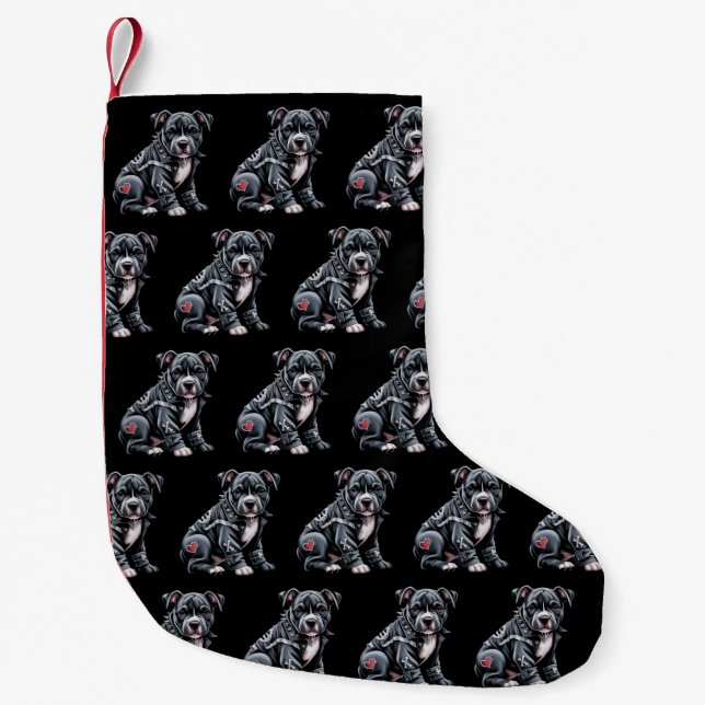 Denim Patchwork Pitbull Dog Edgy Rocker Gothic Small Christmas Stocking (Front)