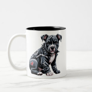 Denim Patchwork Pitbull Dog Edgy Rocker Gothic Two-Tone Coffee Mug