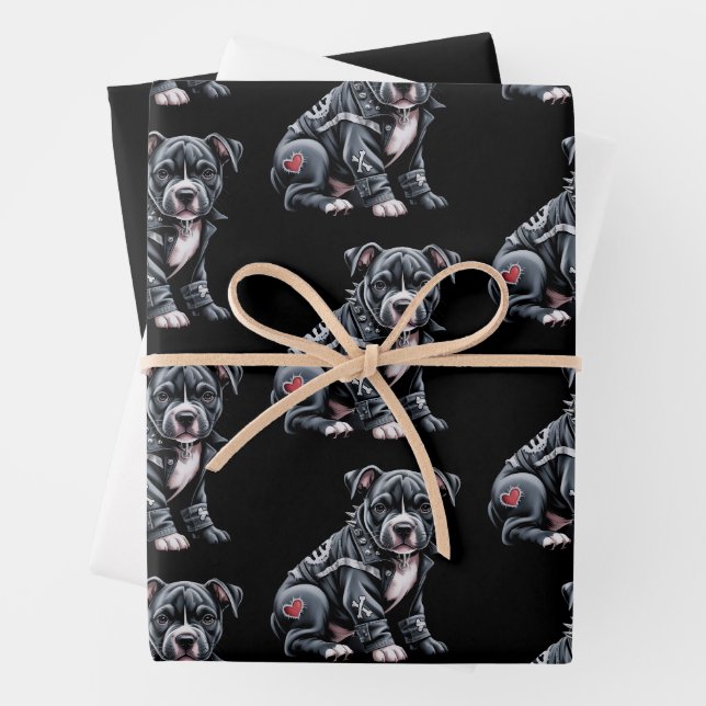 Denim Patchwork Pitbull Dog Edgy Rocker Gothic Wrapping Paper Sheet (In situ)