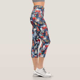 Denim Patchwork Plaid Christmas Trees & Reindeer Capri Leggings