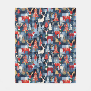 Denim Patchwork Plaid Christmas Trees & Reindeer Fleece Blanket