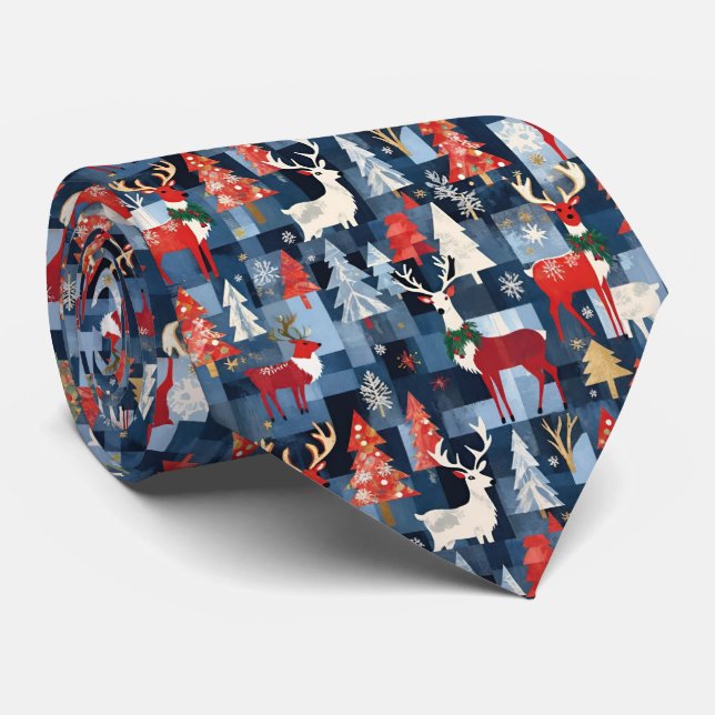 Denim Patchwork Plaid Christmas Trees & Reindeer Tie (Rolled)