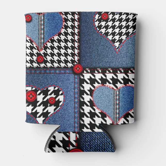 Denim Patchwork: Seamless Fabric Pattern Can Cooler (Front)