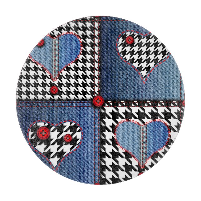 Denim Patchwork: Seamless Fabric Pattern Cutting Board (Front)