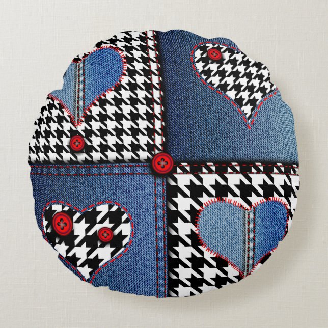 Denim Patchwork: Seamless Fabric Pattern Round Cushion (Front)