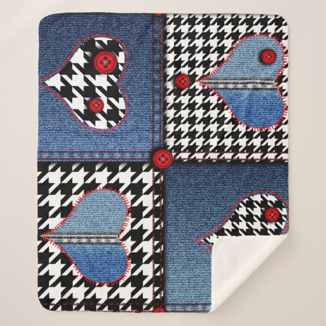 Denim Patchwork: Seamless Fabric Pattern Sherpa Blanket (Front)
