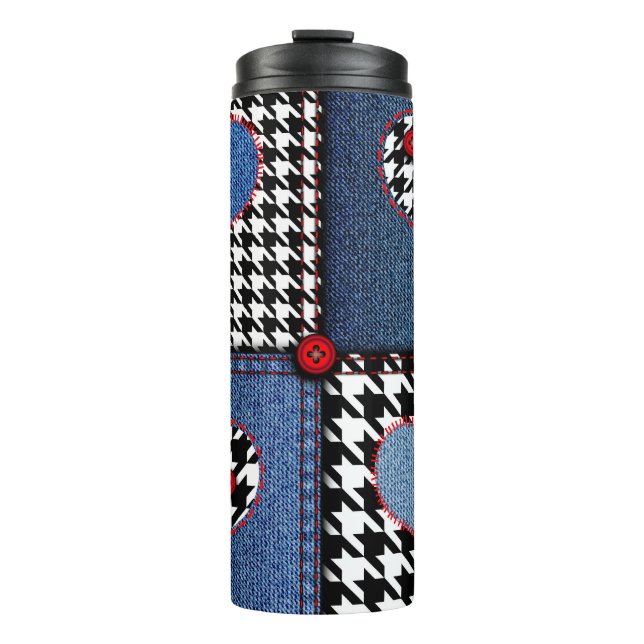 Denim Patchwork: Seamless Fabric Pattern Thermal Tumbler (Front)