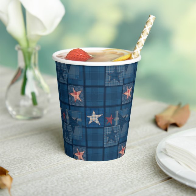 Denim patchwork shower curtain paper cups (Insitu)