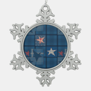 Denim patchwork snowflake pewter christmas ornament