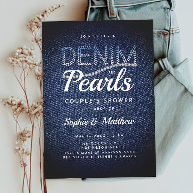 Denim Pearls Couple Wedding Shower Modern Rustic Invitation (denim and pearls elegant rustic modern country couple wedding shower invitation joint blue white)