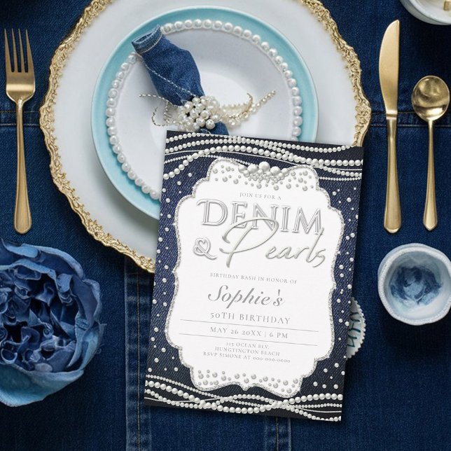 Denim Pearls Elegant Modern Classy 50th Birthday Invitation (denim and pearls birthday party invitation 50th for her elegant classy modern)
