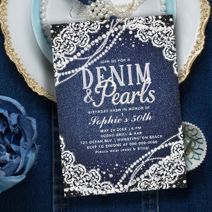 Denim Pearls Lace Modern Elegant 50th Birthday Invitation