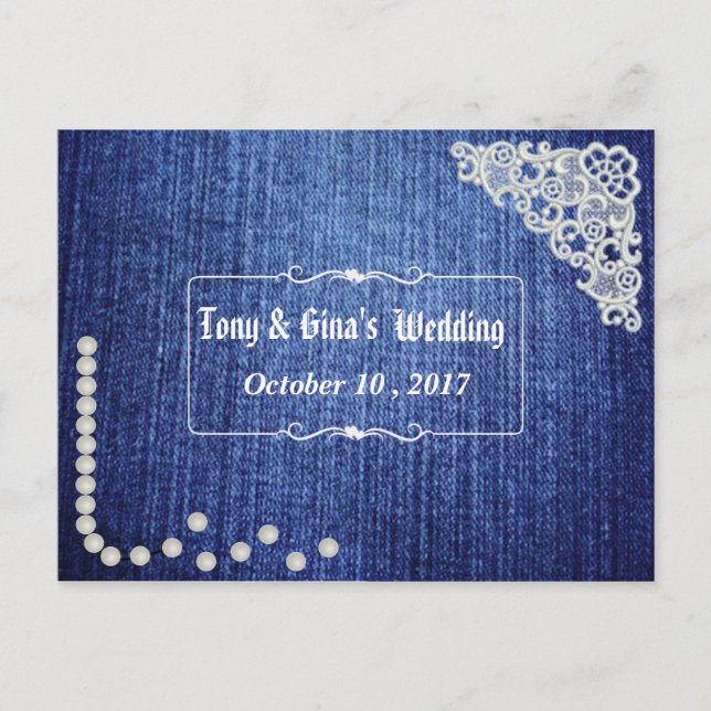 Denim Pearls & Lace Wedding RSVP Invitation Postcard (Front)