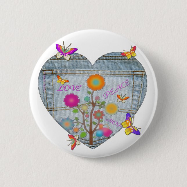 Denim Pocket Heart Flowers Butterflies 6 Cm Round Badge (Front)