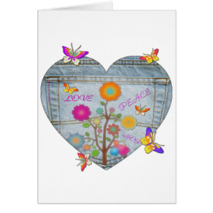 Denim Pocket Heart Flowers Butterflies Card