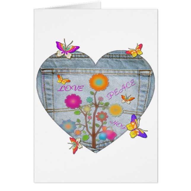 Denim Pocket Heart Flowers Butterflies Card (Front)