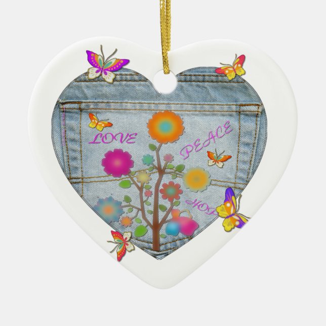 Denim Pocket Heart Flowers Butterflies Ceramic Tree Decoration (Front)