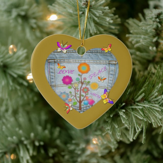 Denim Pocket Heart Flowers Butterflies Ceramic Tree Decoration (Tree)