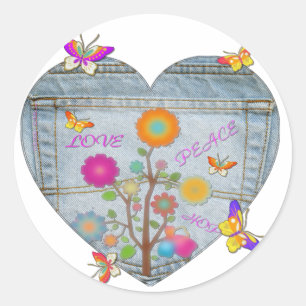 Denim Pocket Heart Flowers Butterflies Classic Round Sticker