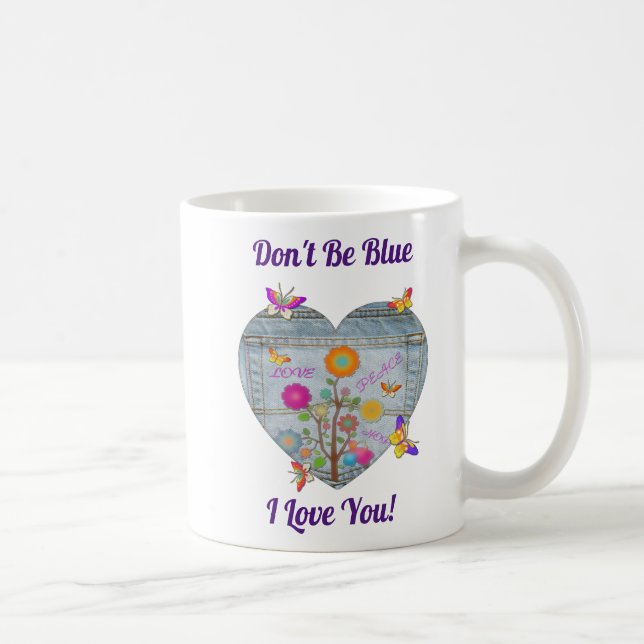 Denim Pocket Heart Flowers Butterflies Coffee Mug (Right)