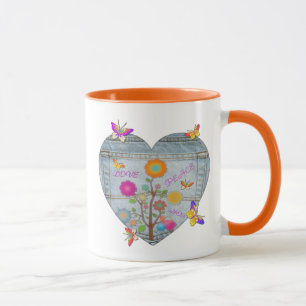 Denim Pocket Heart Flowers Butterflies Coffee Mug